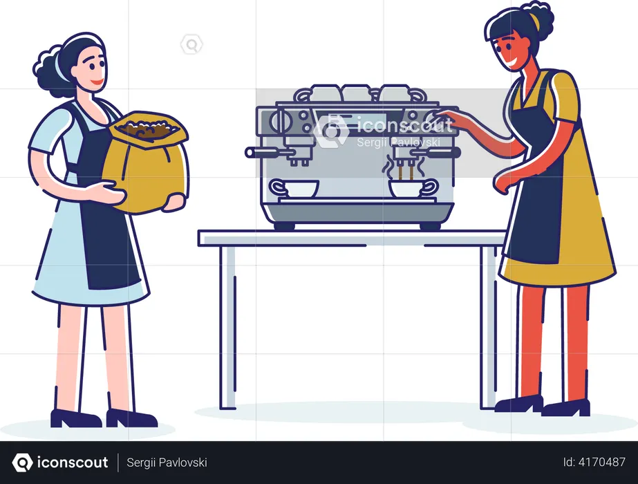 Female barista putting fresh grind coffee in coffee machine  Illustration