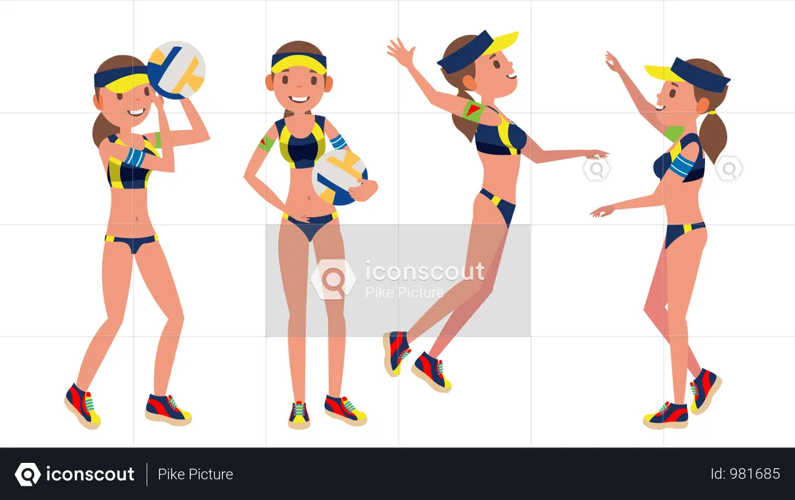 Female Beach Volleyball Player With Different Playing Pose  Illustration