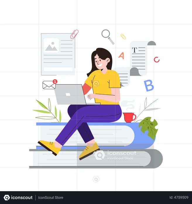 Female Blog writer working on laptop  Illustration