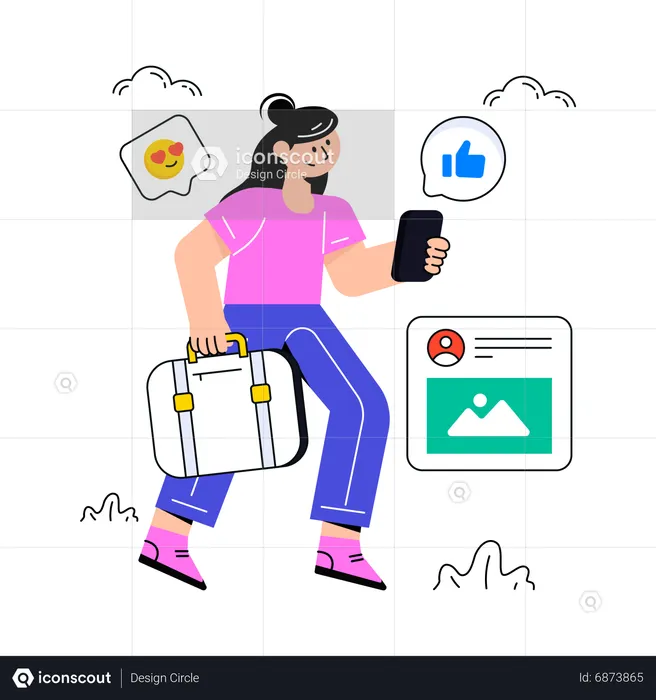 Female blogger putting Travelling World Content Social Media  Illustration
