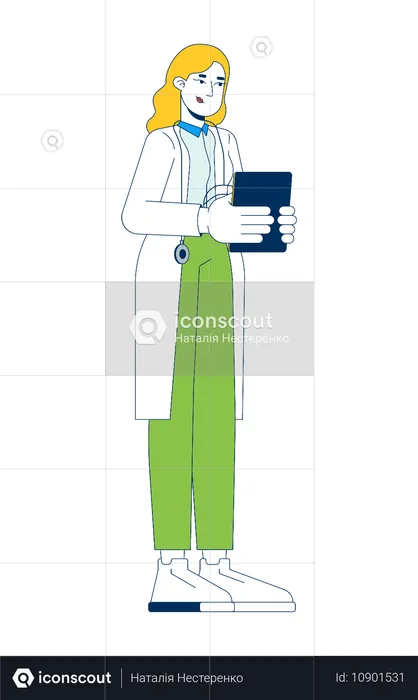 Female blonde doctor in white coat holding tablet  Illustration