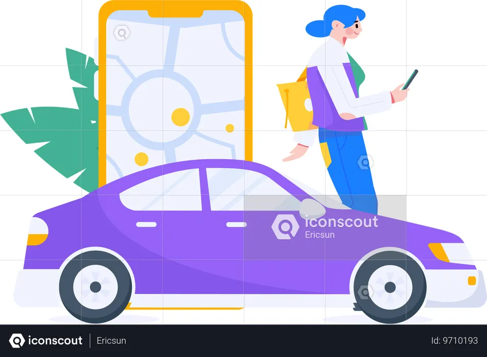 Female booking taxi on mobile app  Illustration