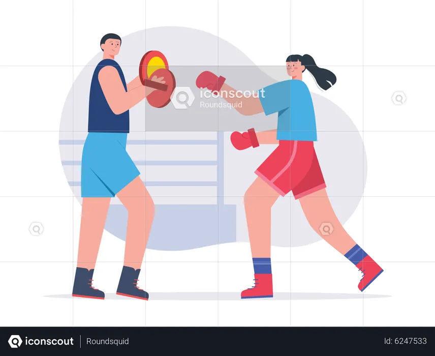Female boxer getting training from mentor  Illustration