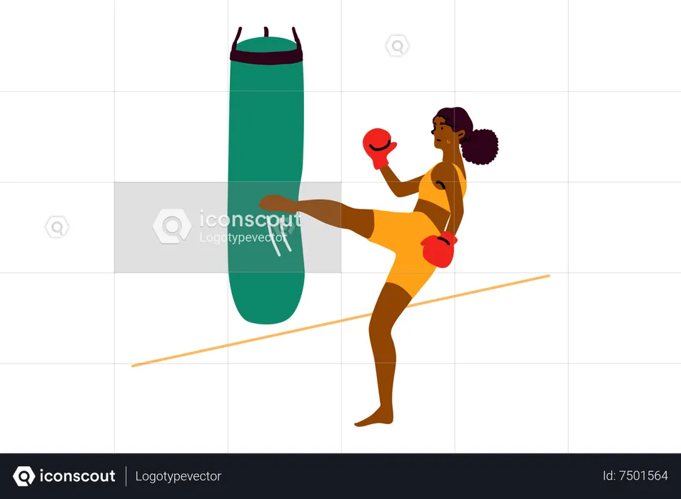 Female boxer kicking boxing bag  Illustration