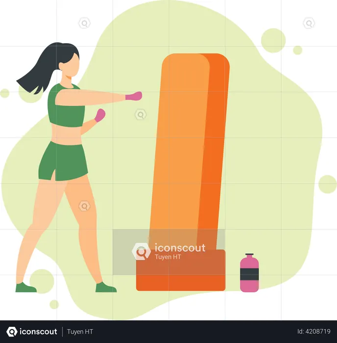 Female boxer practicing using a punching bag  Illustration