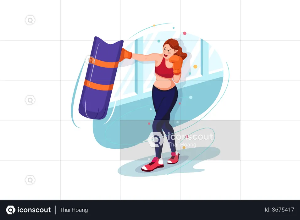 Female boxer practicing using a punching bag  Illustration