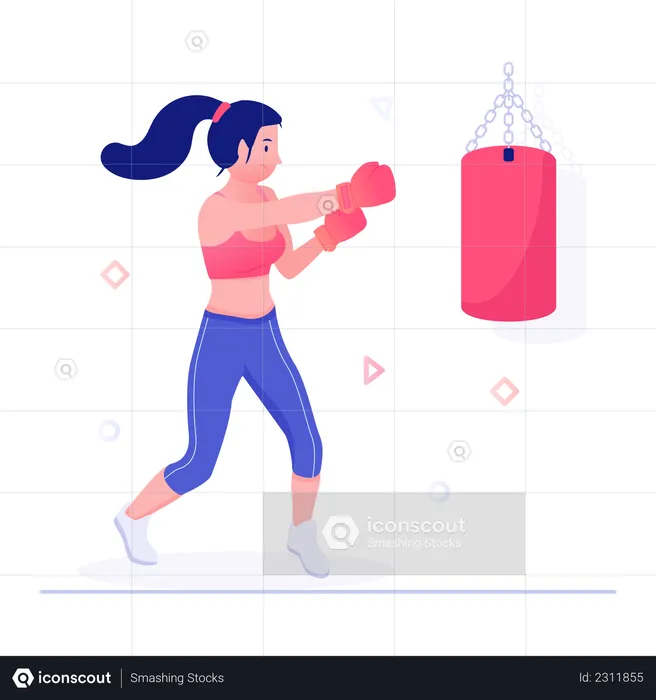 Female boxer practicing using punching bag  Illustration