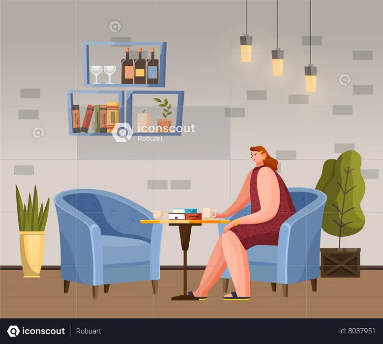 Female Breaktime with Mug in Coffeehouse  Illustration