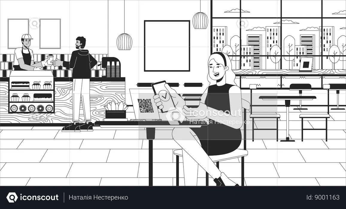 Female cafe customer scanning qr code  Illustration