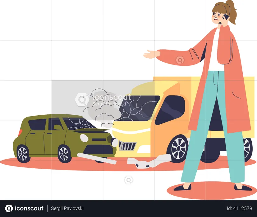 Female car driver in accident calling to insurance service  Illustration