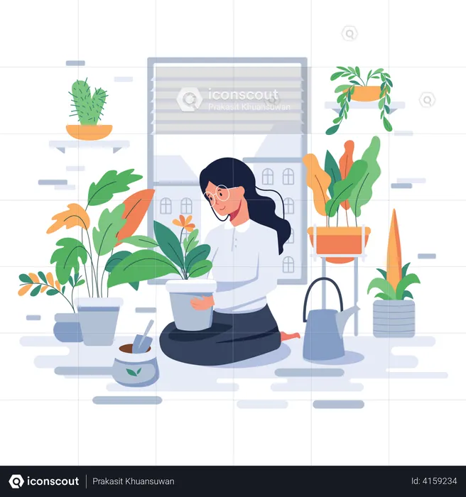 Female caring for plants in pot  Illustration