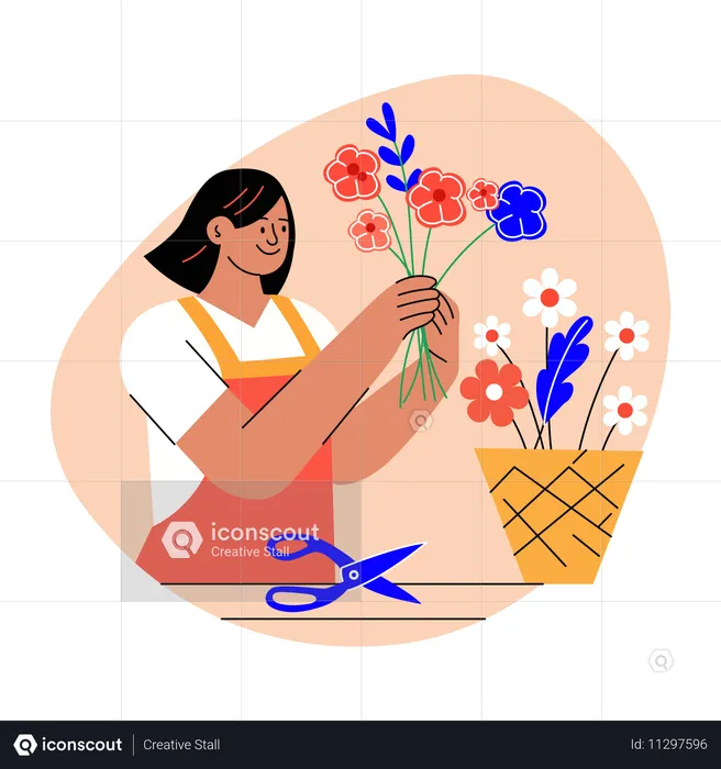 Female Caucasian florist making floral arrangement  Illustration