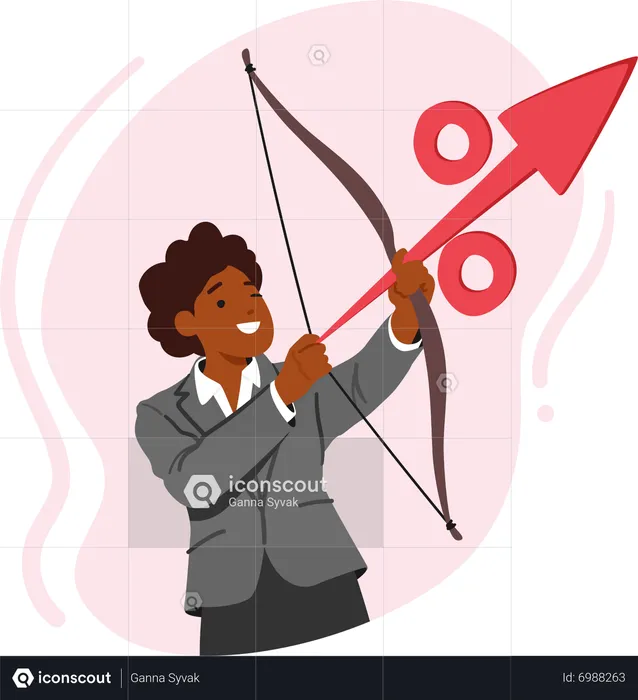 Female Character Archer Aiming At Target With Percent Sign Instead Of An Arrow  Illustration