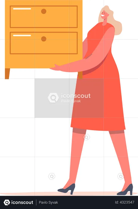 Female Character Carry Wooden Dresser  Illustration