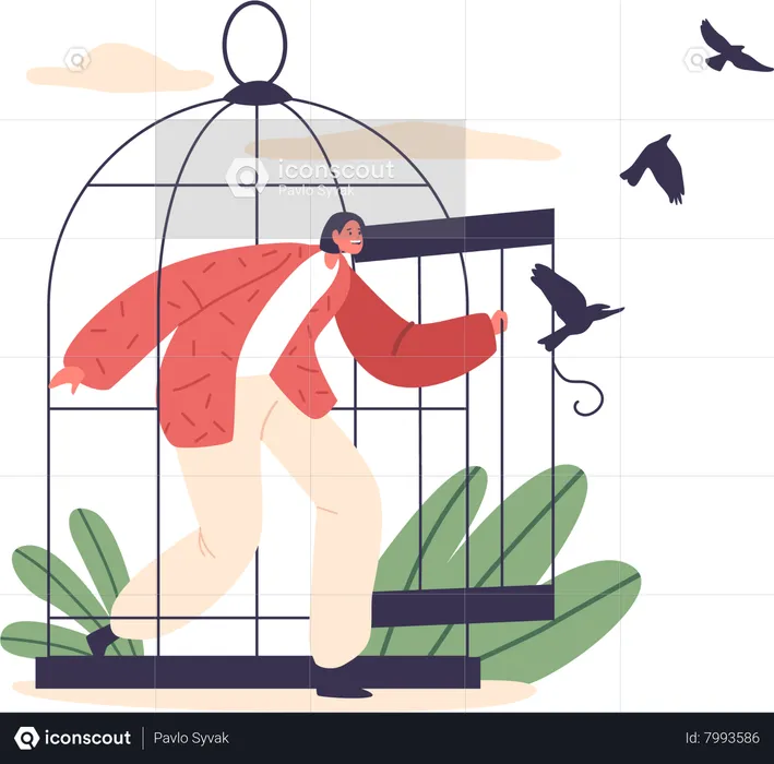 Female Character Leaving A Cell With Swallows  Illustration