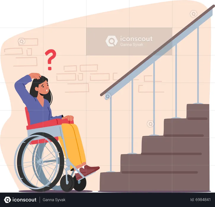 Female character on wheelchair trying to access building porch without ramp  Illustration
