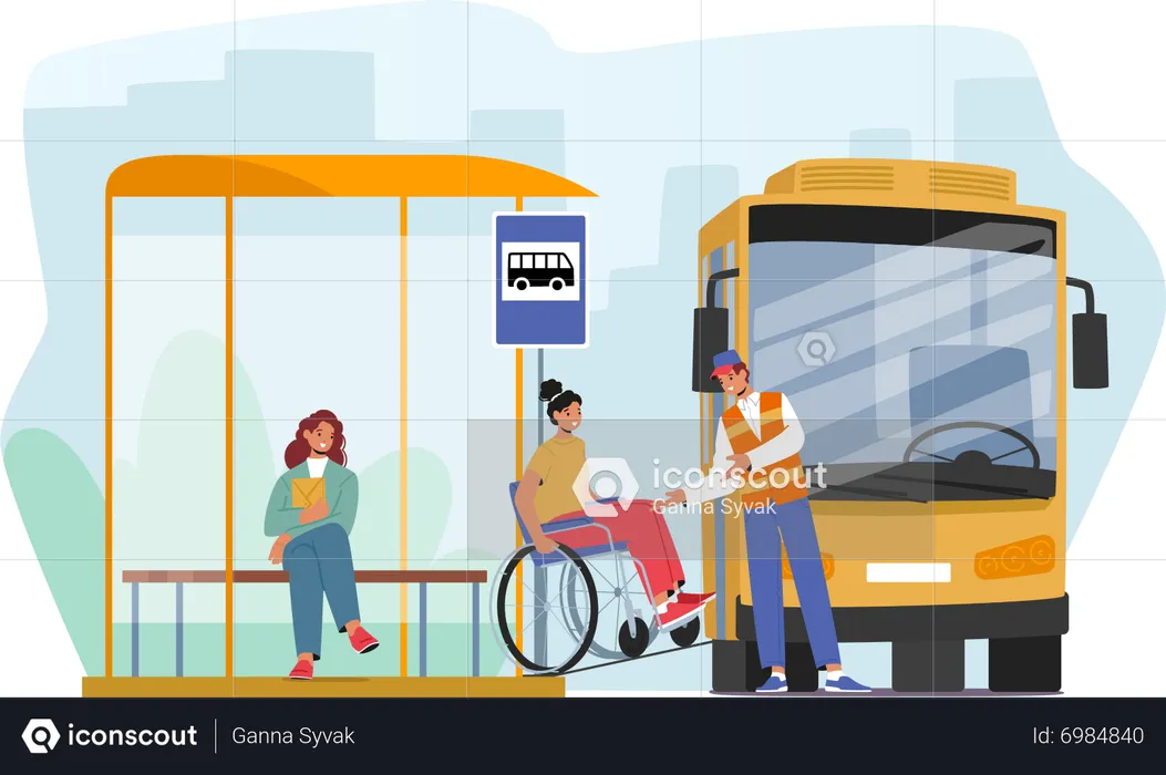 Female character on wheelchair use ramp to access bus  Illustration