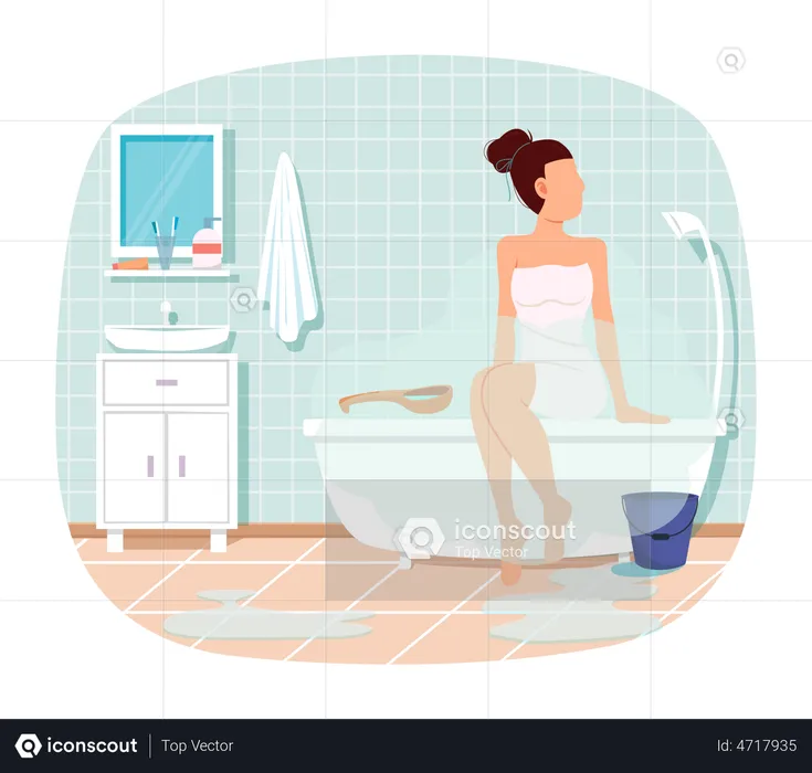 Female character relaxing in home sauna with hot steam. Girl sits wrapped in towel after bath  Illustration