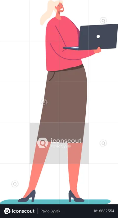 Female Character Standing with Laptop  Illustration