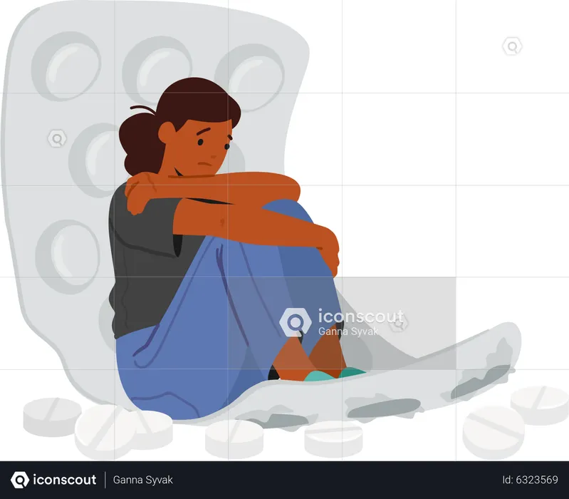 Female character with overuse of antidepressants  Illustration