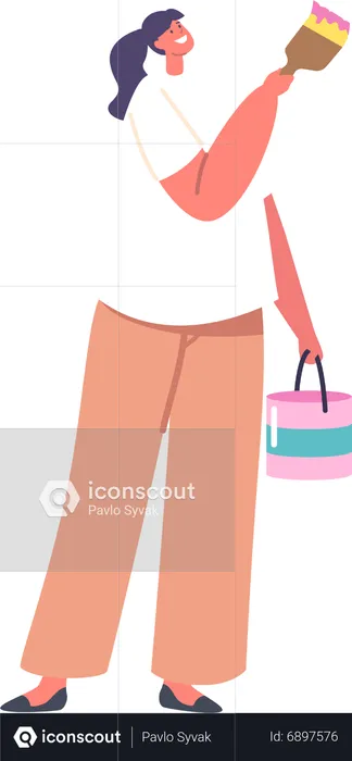 Female Character with Painting Roll and Bucket doing color  Illustration