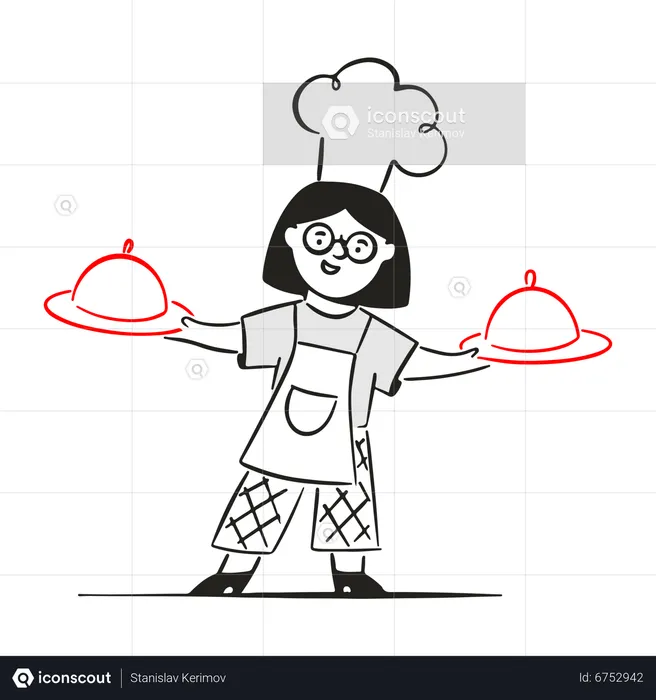 Female chef carries her dishes  Illustration