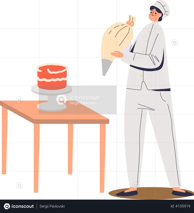 Female chef cock preparing cake decorating with cream from bag  Illustration
