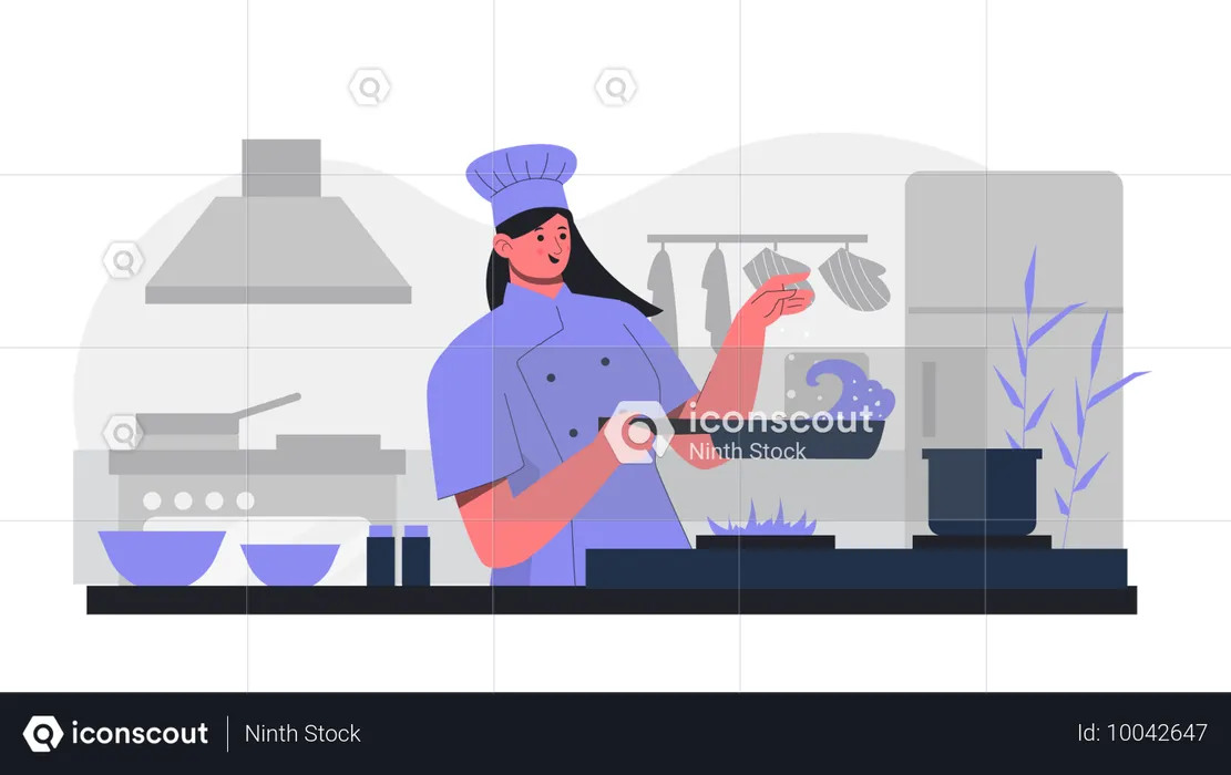 Female Chef cooking food in kitchen  Illustration