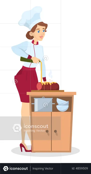 Female chef cooking ham  Illustration