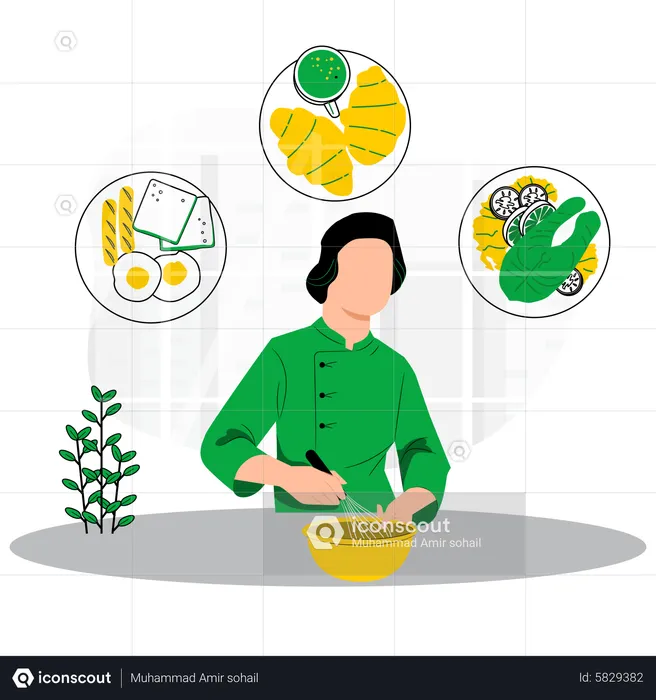 Female chef cooking healthy breakfast  Illustration
