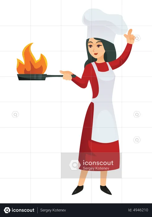 Female chef cooking in frying pan  Illustration