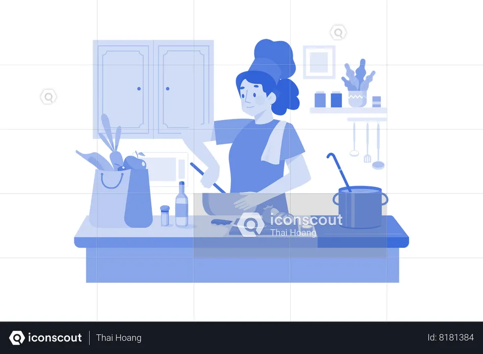 Female chef cooking in kitchen  Illustration