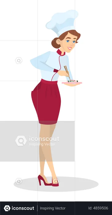 Female chef cooking sushi  Illustration