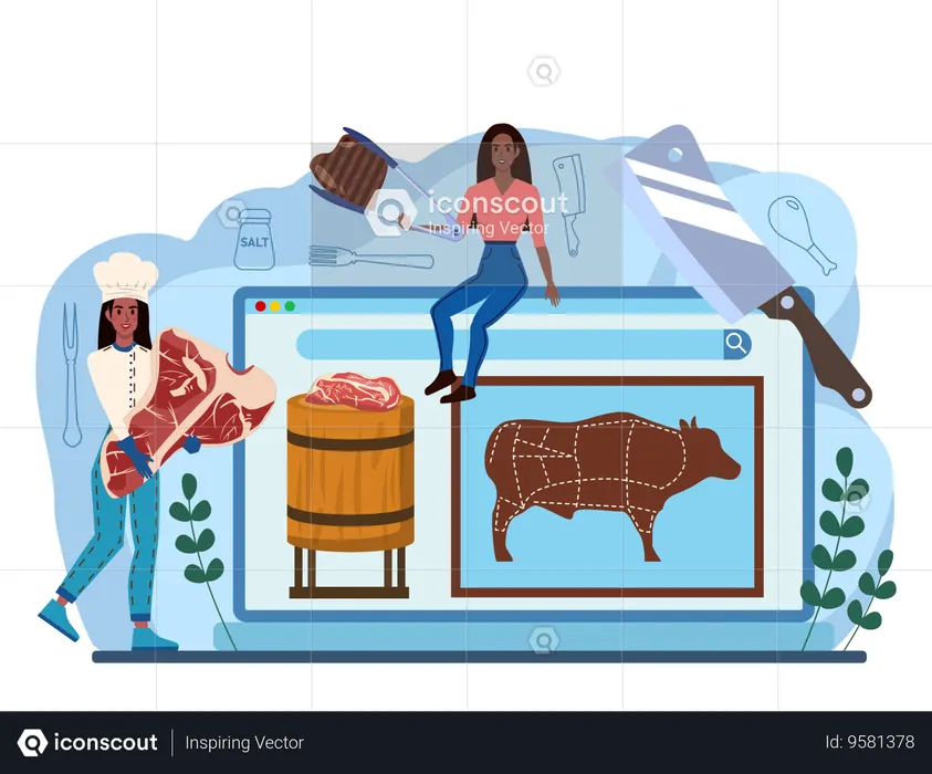 Female chef cutting online beef and cooking  Illustration