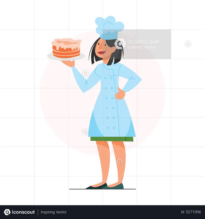 Female chef holding cake  Illustration