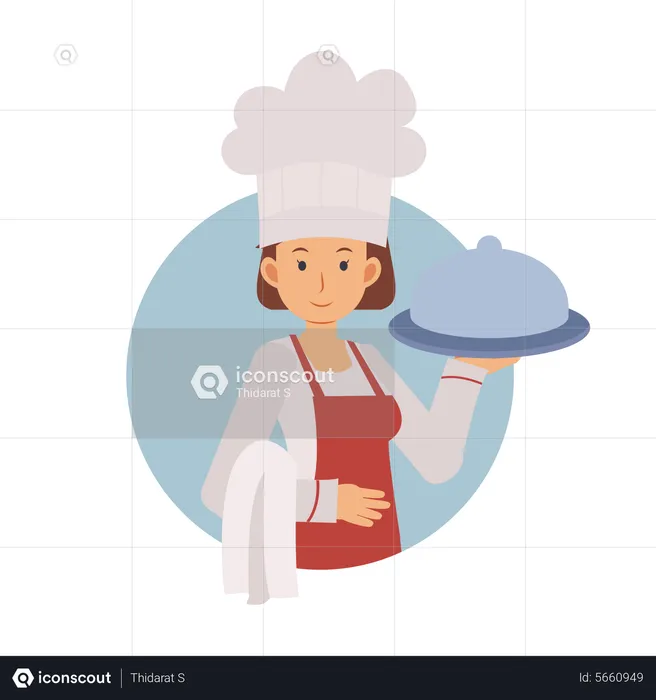 Female Chef Holding Dish  Illustration
