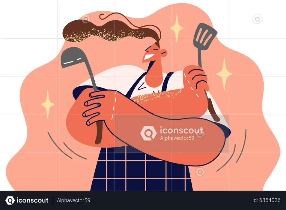 Female chef holding kitchen utensils  Illustration
