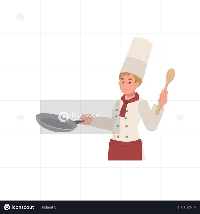 Female chef holding pan while cooking food  Illustration