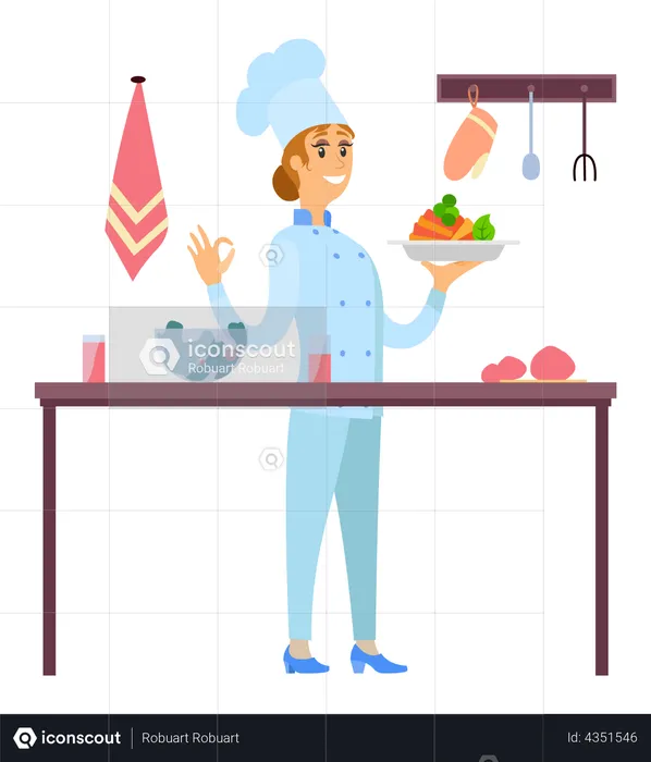 Female chef serves dish at café  Illustration