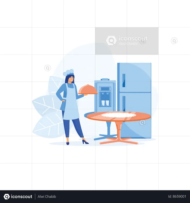 Female chef standing with food plate  Illustration