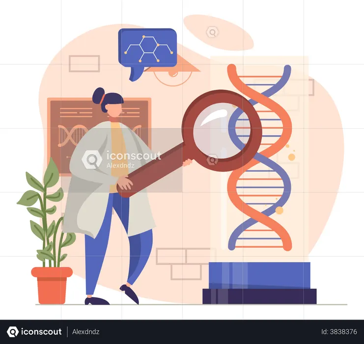 Female chemist experimenting on DNA  Illustration