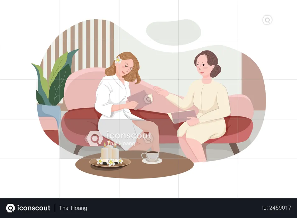 Female client siting in comfortable chair and reading Massage Menu  Illustration