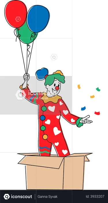 Female Clown Pop Up from Carton Box with Balloons  Illustration