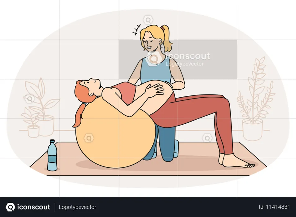 Female coach help pregnant woman with exercising  Illustration