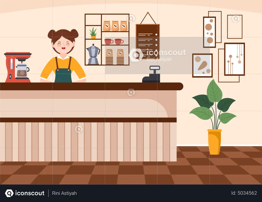 Female coffee shop owner wait for customers  Illustration