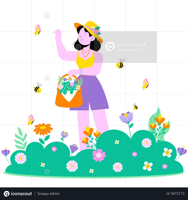 Female collecting flower in garden  Illustration