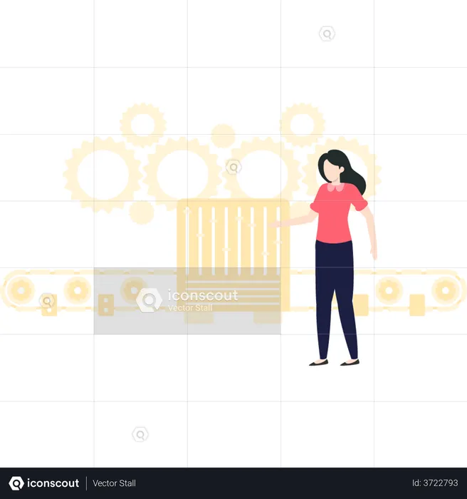 Female company worker standing near conveyor belt  Illustration