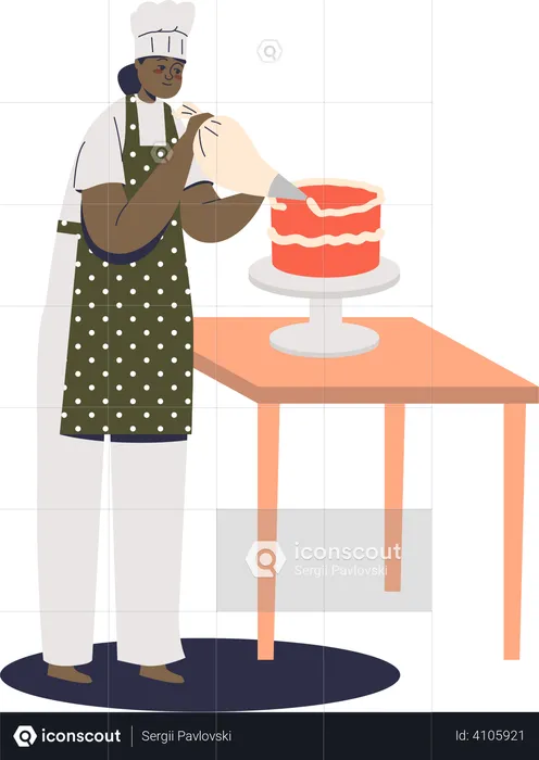 Female confectioner decorating holiday cake with cream from confectionery bag  Illustration