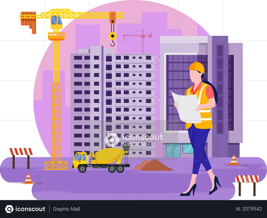 Female construction site manager checking work  Illustration