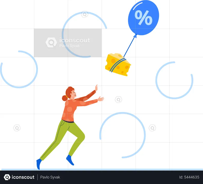Female Consumer Catching Grocery Product Flying Away On Air Balloon  Illustration